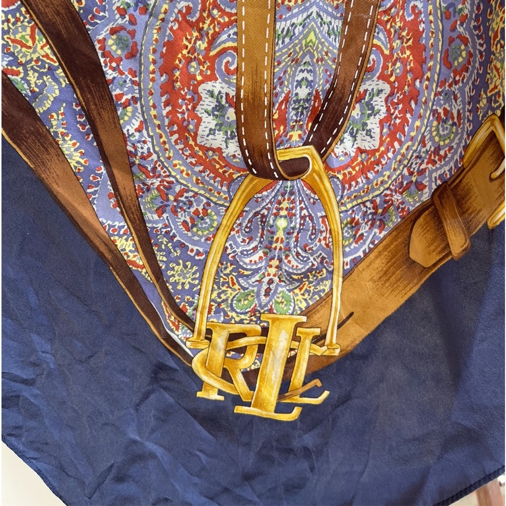RALPH LAUREN Equestrian English Riding Theme Yellow Blue 100% Silk Poncho Scarf - Picture 6 of 11